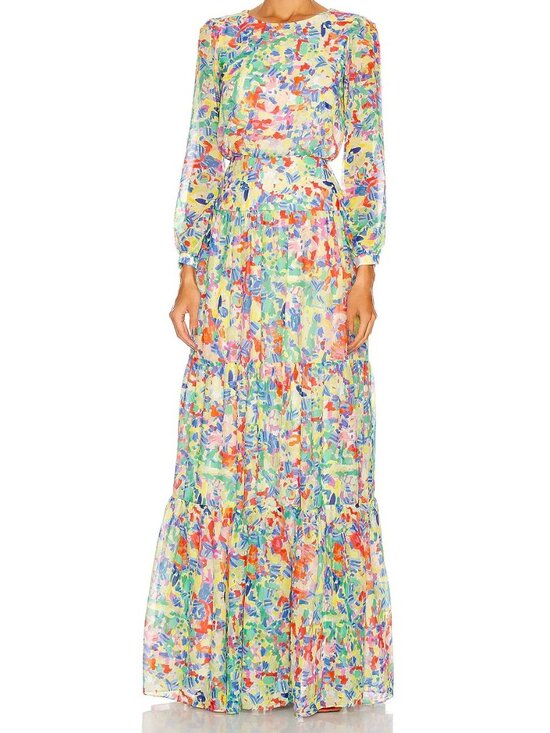 SALONI Dresses & Skirts - Saloni Isabel Summer Confetti Printed Tiered Long Silk Dress, US 4